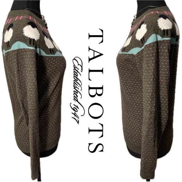 Talbots Sheep Yoke Raglan Crewneck Pullover Knit Embroidered LS Petite Sweater - Picture 2 of 8
